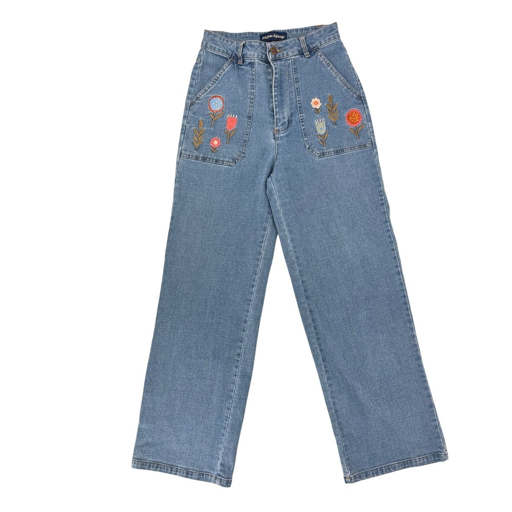 Princess Highway Floral Embroidered Wide Leg Jeans Womens 6 Blue Excellent Boho